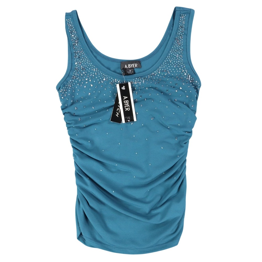 A. Byer Tank Top Womens Medium Y2K Teal Blue Ruched Beaded Stretch C799